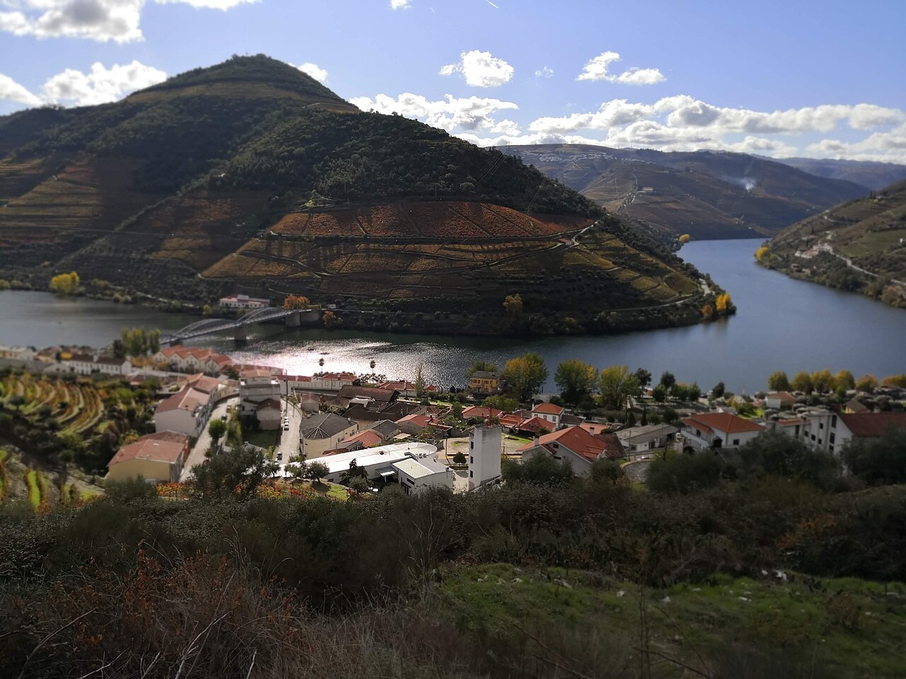 Pinhão and the Douro river between terraced hillsides